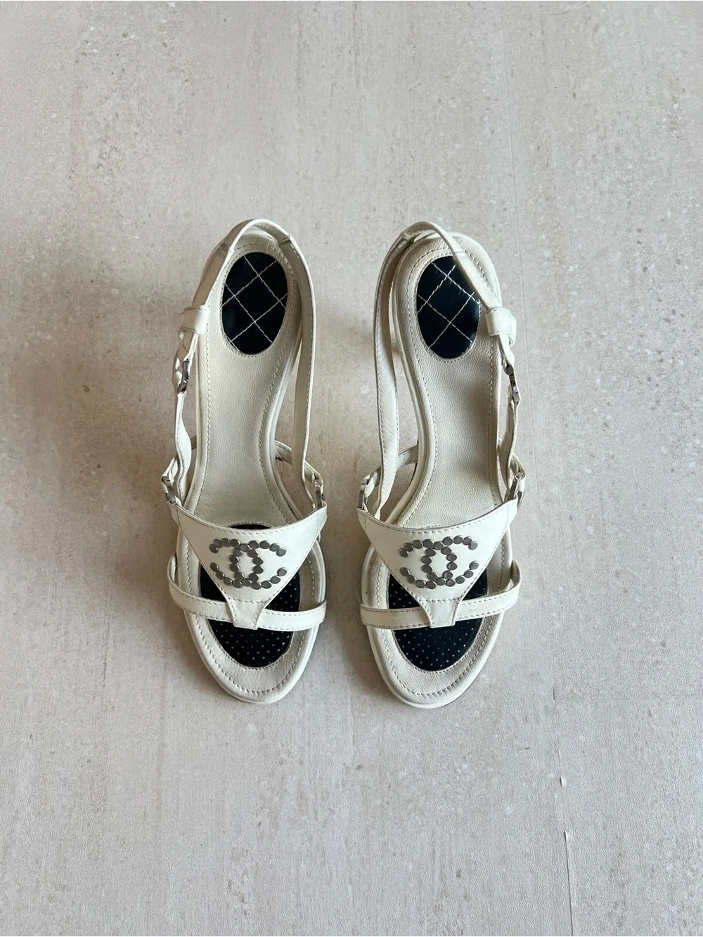 Vintage Chanel White Slingback Studded Sandals with Box